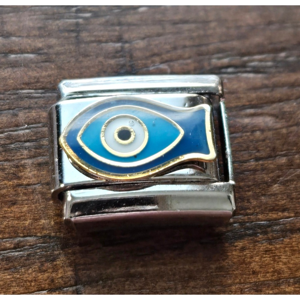 Evil Eye Nazar Fish Italian Charm Stainless Steel 9mm Modular Bracelet Link Blue